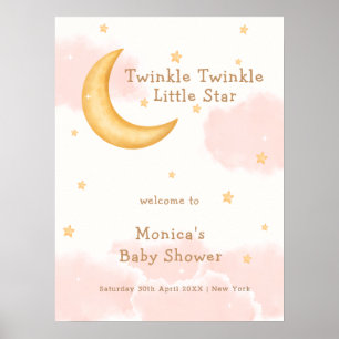 Pink Moon Stars Twinkle Girl Baby Shower Welcome  Poster