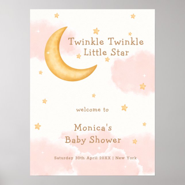 Pink Moon Stars Twinkle Girl Baby Shower Welcome  Poster (Front)