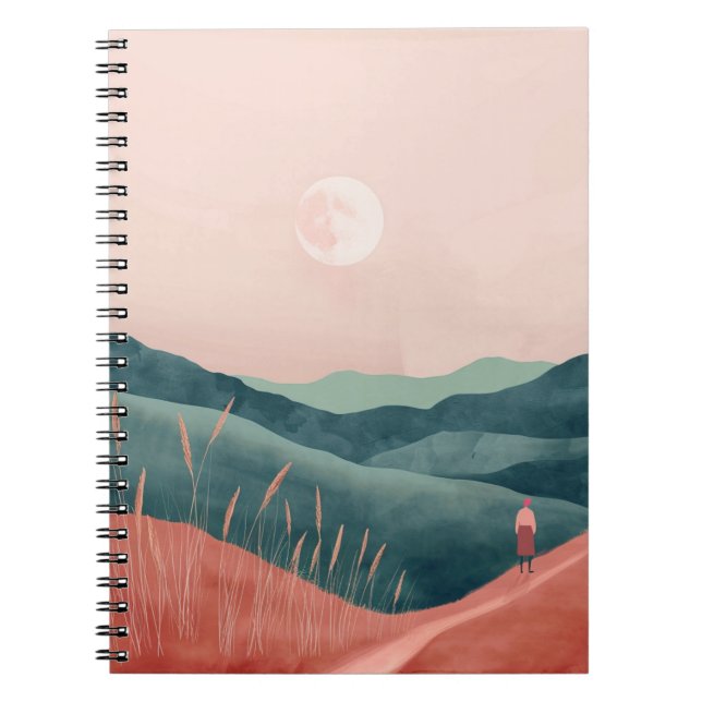 Pink Moon Teal Boho Mountain Landscape Notebook (Front)