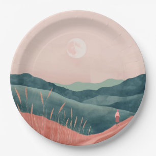 Pink Moon Teal Boho Mountain Landscape Paper Plate