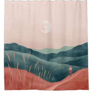 Pink Moon Teal Boho Mountain Landscape Shower Curtain