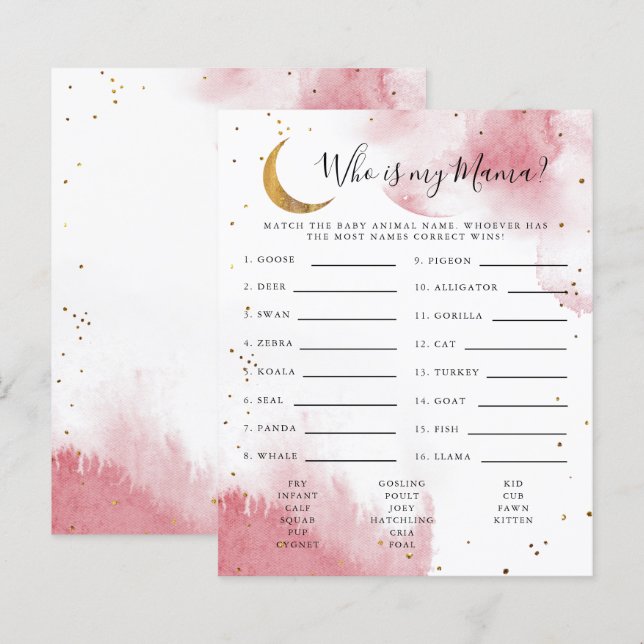 Pink Moon Who Is My Mama Baby Shower Game (Front/Back)