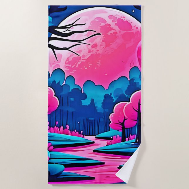 Pink Moonlit Forest Art Beach Towel (Front)