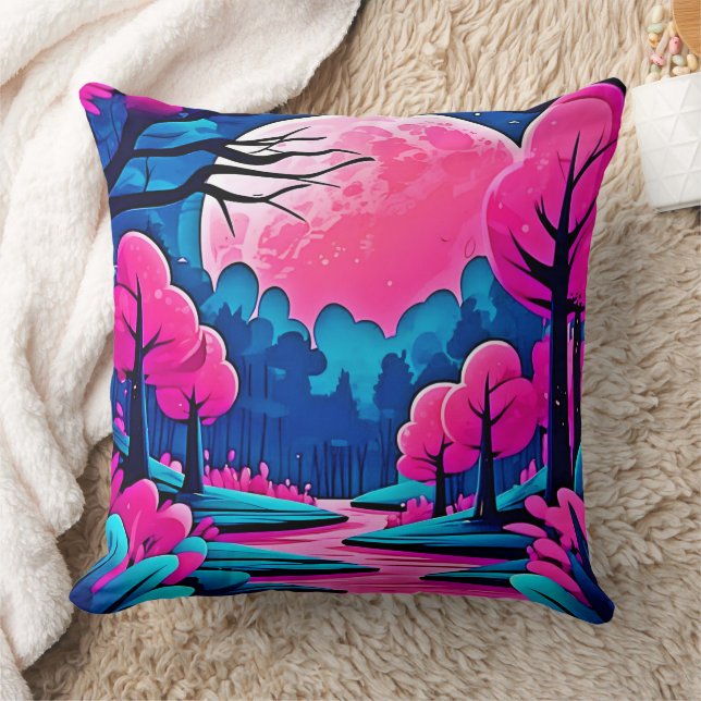 Pink Moonlit Forest Art Cushion (Blanket)
