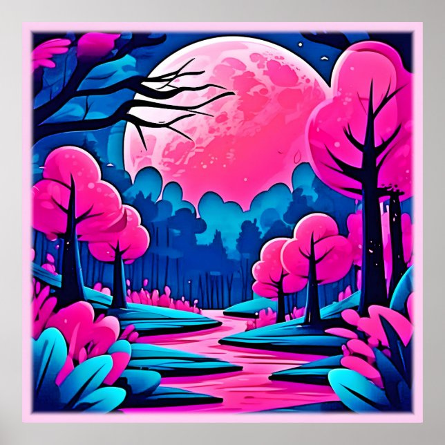 Pink Moonlit Forest Art Poster (Front)