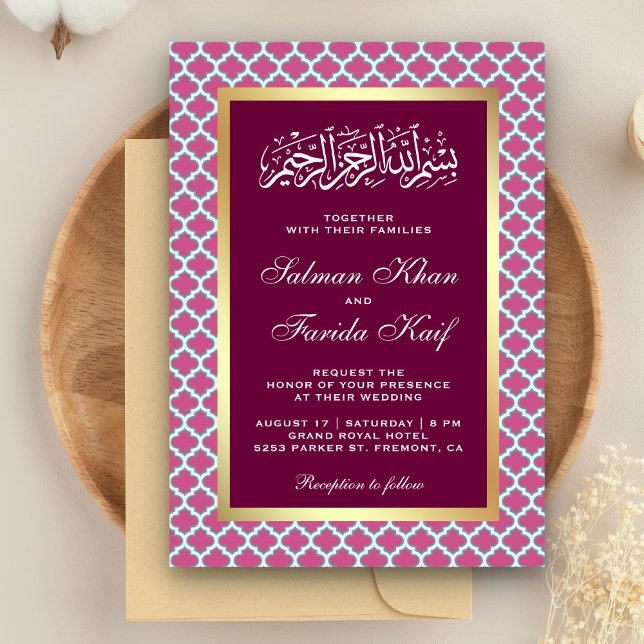 Pink Moroccan Quatrefoil Pattern Islamic Wedding Invitation (Creator Uploaded)