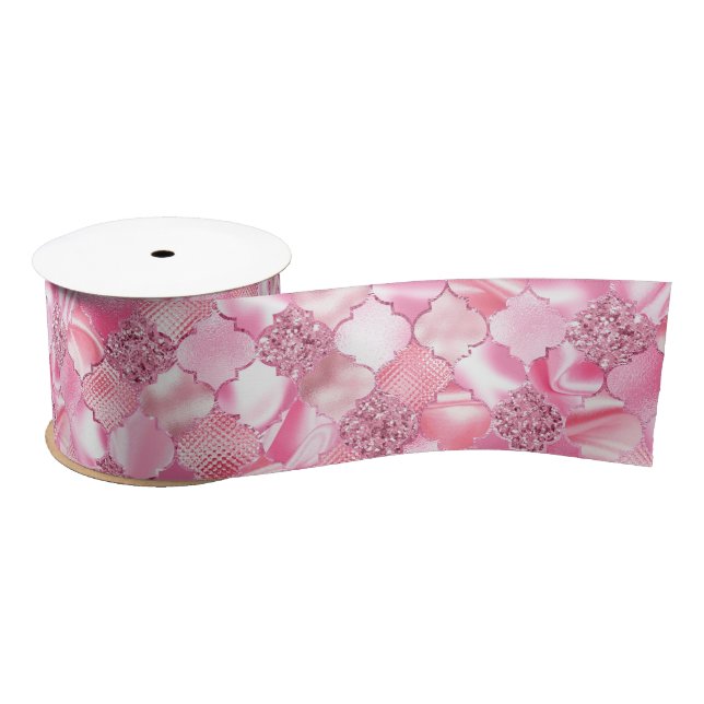 Pink Moroccan Quatrefoil Pattern Satin Ribbon (Spool)