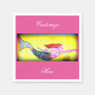 pink mosaic mermaids yellow napkin