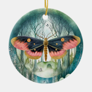 Pink Moth Forest Night Ceramic Tree Decoration