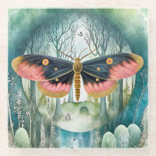 Pink Moth Forest Night Glass Coaster