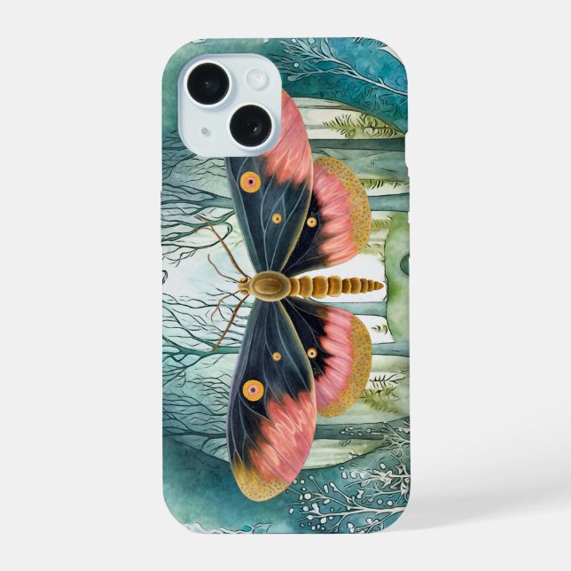 Pink Moth Forest Night iPhone 15 Case (Back)