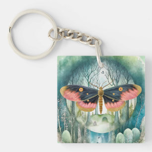 Pink Moth Forest Night Key Ring