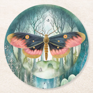 Pink Moth Forest Night Round Paper Coaster