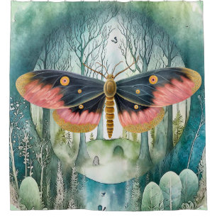 Pink Moth Forest Night Shower Curtain