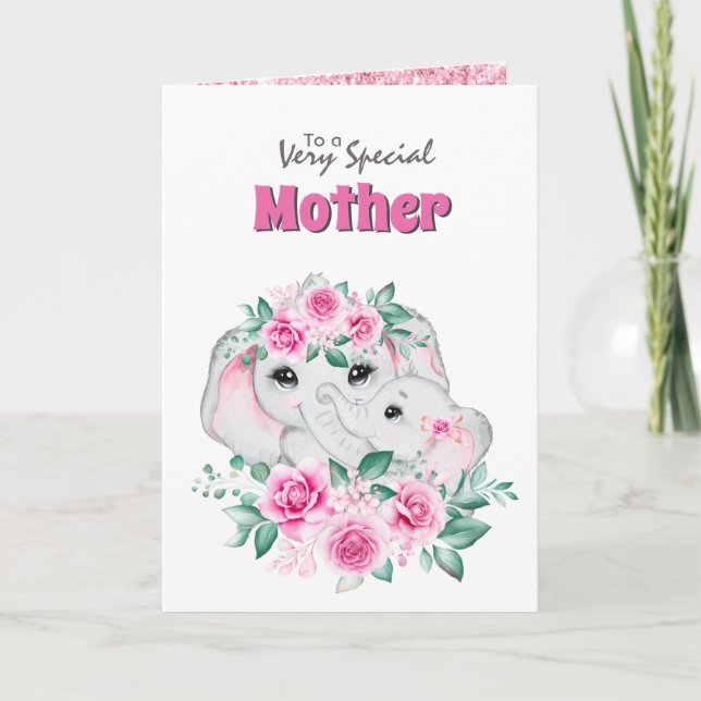 Pink mother child elephant rose special card (Front)