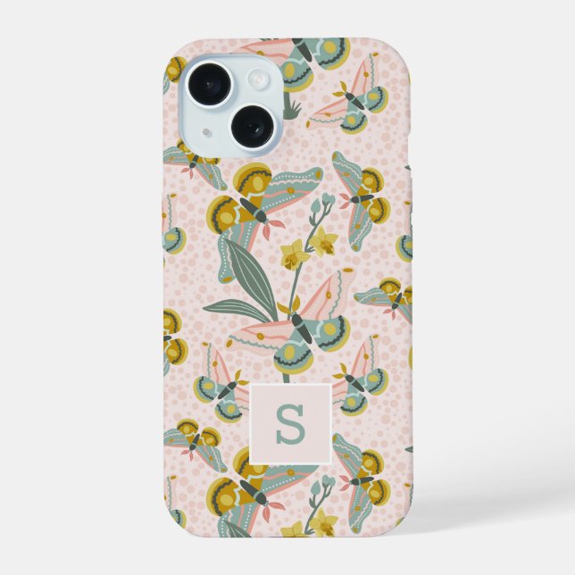 Pink Moths And Daffodils Pattern Monogram iPhone 15 Case (Back)