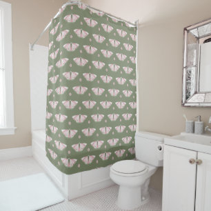 Pink moths pattern on sage green shower curtain