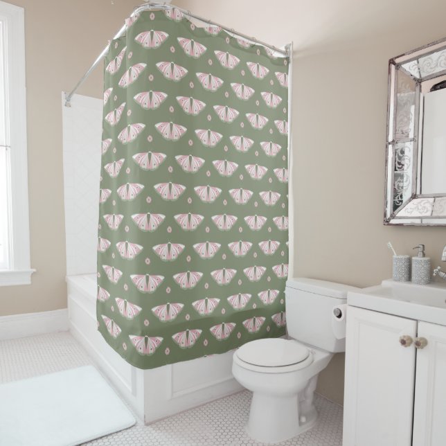 Pink moths pattern on sage green shower curtain (In Situ)