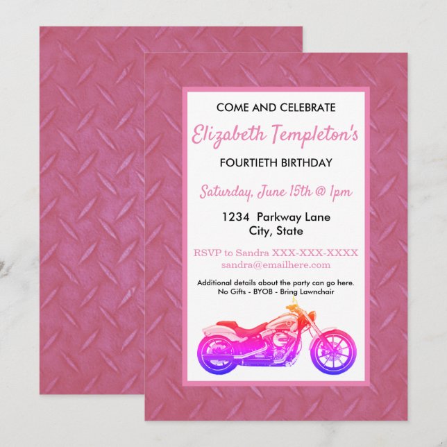 Pink Motorcycle Birthday Party Women's Invitation (Front/Back)