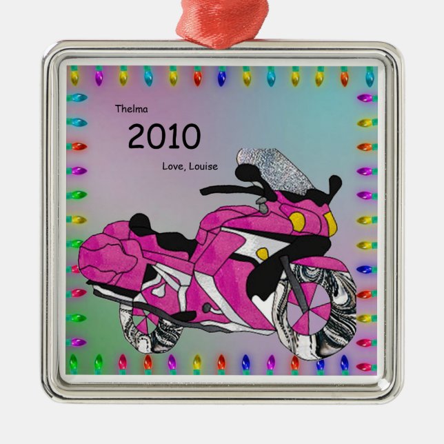 Pink Motorcycle in Stained Glass Metal Tree Decoration (Front)