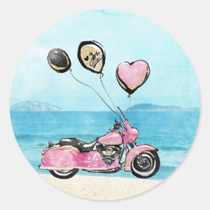 Pink Motorcycle on Beach Wedding Sticker
