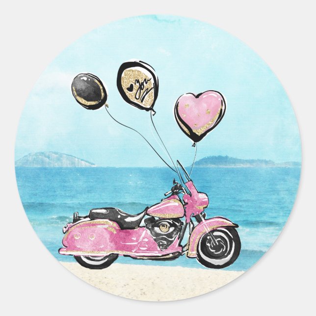 Pink Motorcycle on Beach Wedding Sticker (Front)