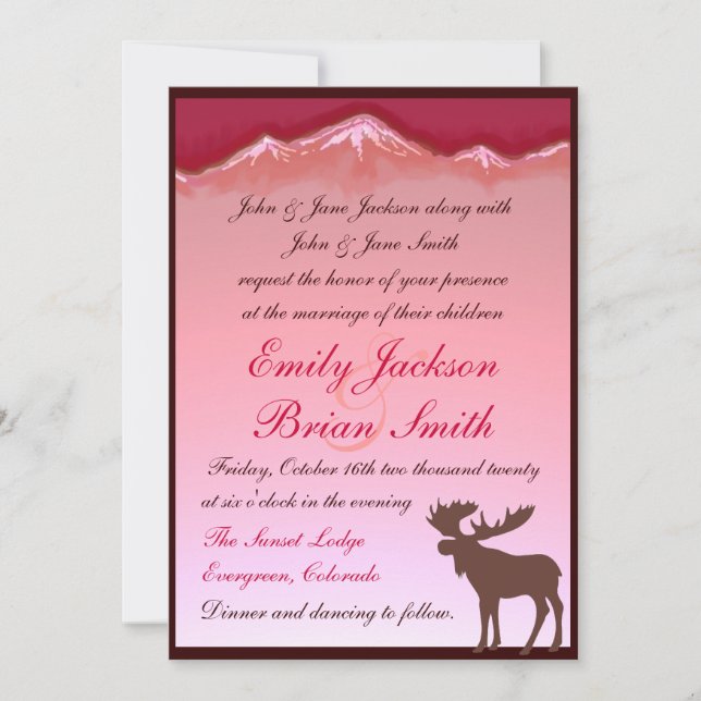 Pink mountain moose artistic wedding invitations (Front)