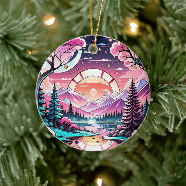 Pink Mountains Ceramic Decor Stained glass look Tree Decoration (Tree)
