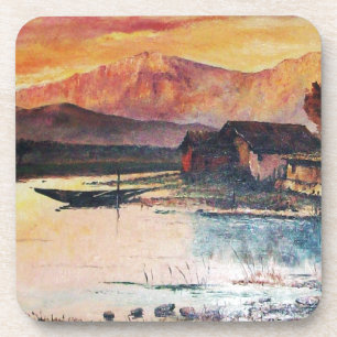PINK MOUNTAINS LAKE ALPINE SUNSET LANDSCAPE COASTER