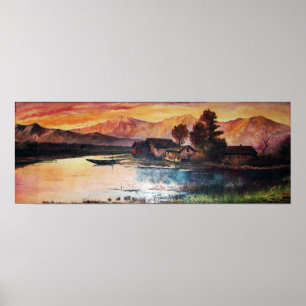 PINK MOUNTAINS LAKE ALPINE SUNSET LANDSCAPE POSTER
