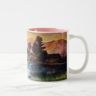 PINK MOUNTAINS LAKE ALPINE SUNSET LANDSCAPE Two-Tone COFFEE MUG