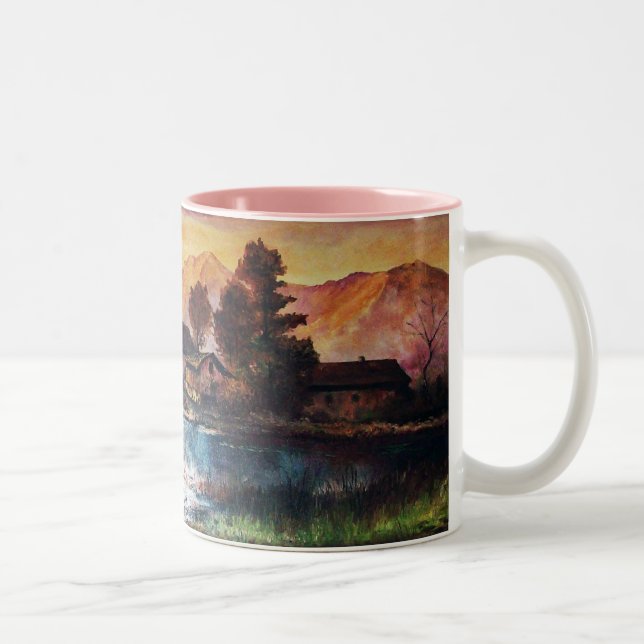 PINK MOUNTAINS LAKE ALPINE SUNSET LANDSCAPE Two-Tone COFFEE MUG (Right)