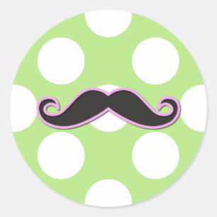 Pink Moustache, Curl Moustache, Stache, Polka Dots Classic Round Sticker