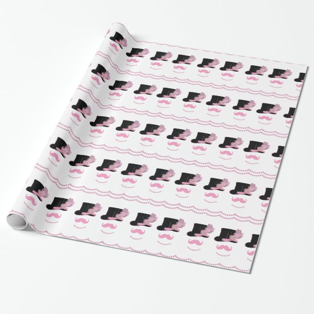 Pink Moustache, Top Hat and Pearls Wrapping Paper (Unrolled)