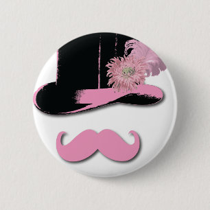 Pink moustache, top hat, feathers, and flower 6 cm round badge
