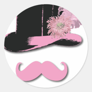 Pink moustache, top hat, feathers, and flower classic round sticker