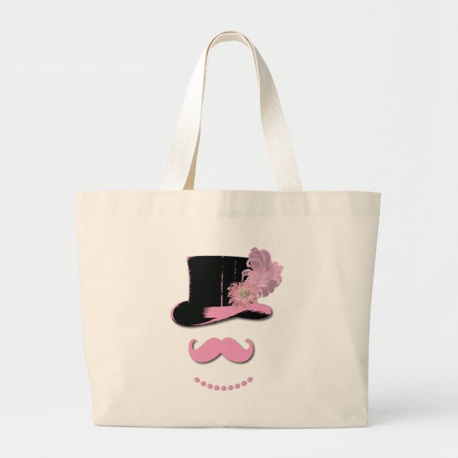 Pink moustache, top hat, feathers, and flower large tote bag (Front)
