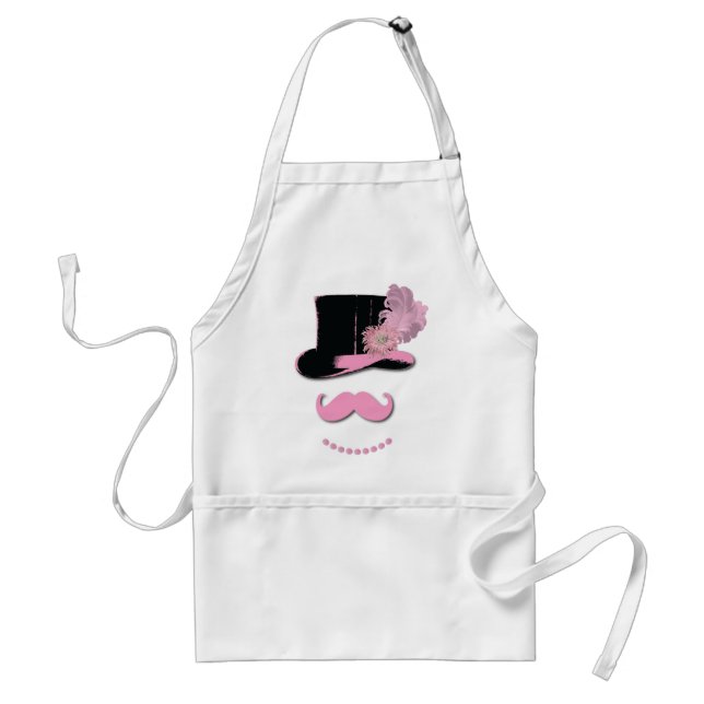 Pink moustache, top hat, feathers, and flower standard apron (Front)