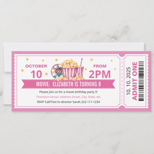 Pink Movie ticket birthday invitation (Front)