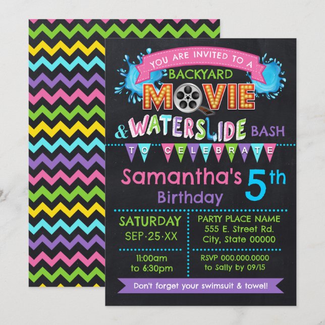 Pink Movie & Waterslide Kids Birthday Summer Party Invitation (Front/Back)