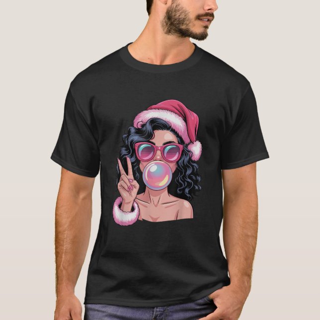 Pink Mrs African Santa Blowing Bubble Gum Funny Ch T-Shirt (Front)