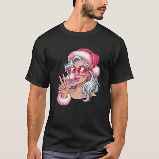 Pink Mrs Santa Blowing Bubble Funny Christmas Xmas T-Shirt (Front)