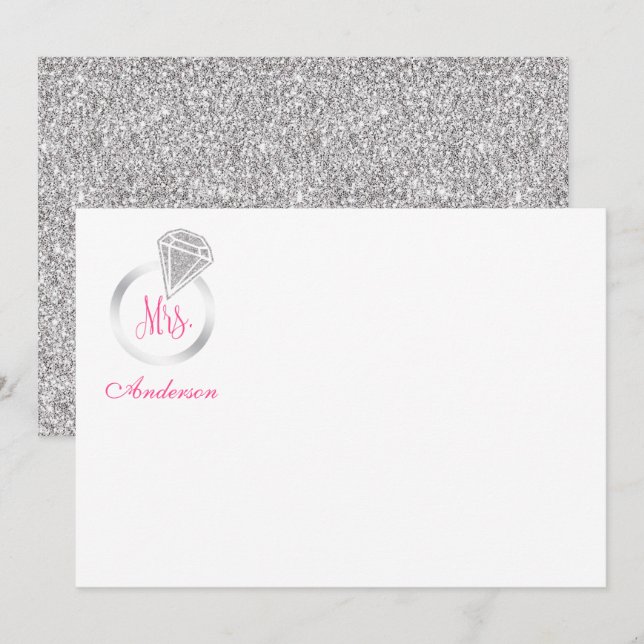 Pink Mrs. Silver Glitter Diamond Ring Personalised Card (Front/Back)