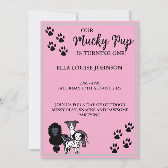 PINK MUCKY PUP- 1ST BIRTHDAY INVITE - PERSONLISED (Front)