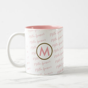 pink mug with monogram and pattern of names