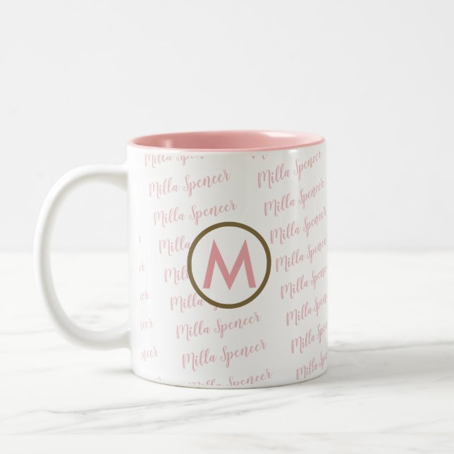 pink mug with monogram and pattern of names (Left)