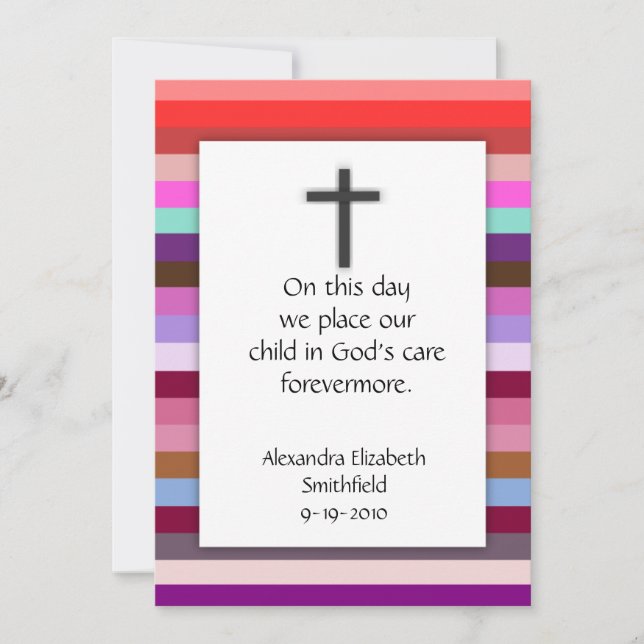 Pink Multi Stripe Cross Girls Baptism Invitations (Front)