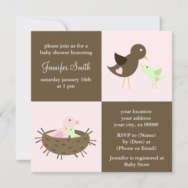 Pink Mum and Baby Bird Baby Shower Invitation (Front)