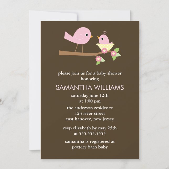 Pink Mum and Baby Birds in a Nest Baby Shower Invitation (Front)