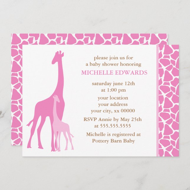 Pink Mum and Baby Giraffe Girl Baby Shower Invitation (Front/Back)